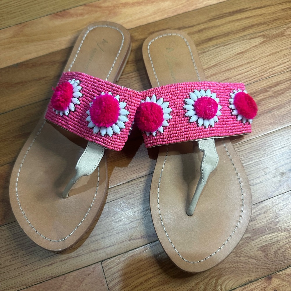 Anthropologie Pink Flower Beaded‎ Pom Pom Sandals Sz 7
